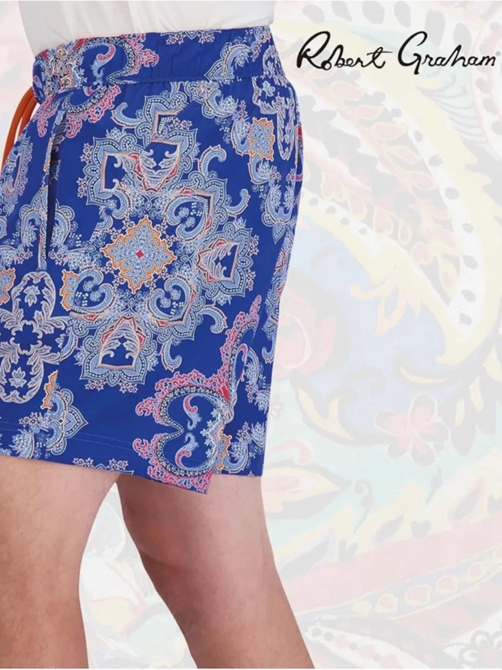 NWT 2XL Robert Graham Blue Paisley Swim Trunks with Orange Drawstring